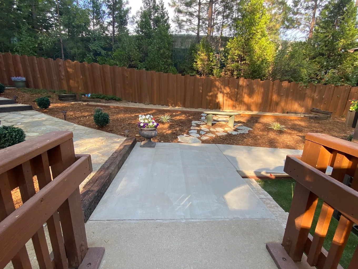 Landscaped garden with walking path and seating
