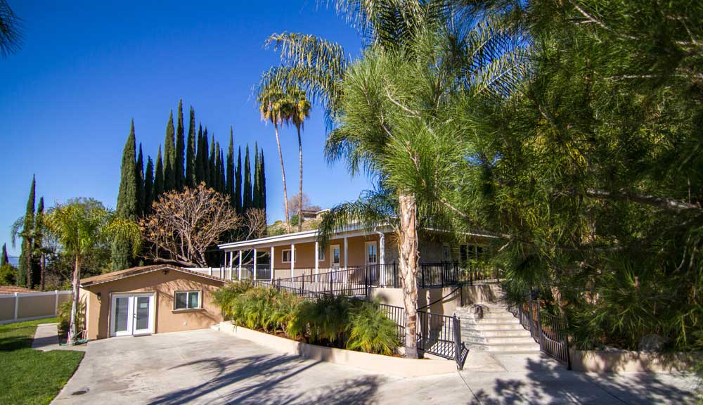 Facility exterior with palm trees and a walkway entrance.