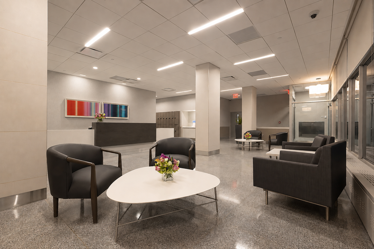 Modern reception lobby with seating and front desk