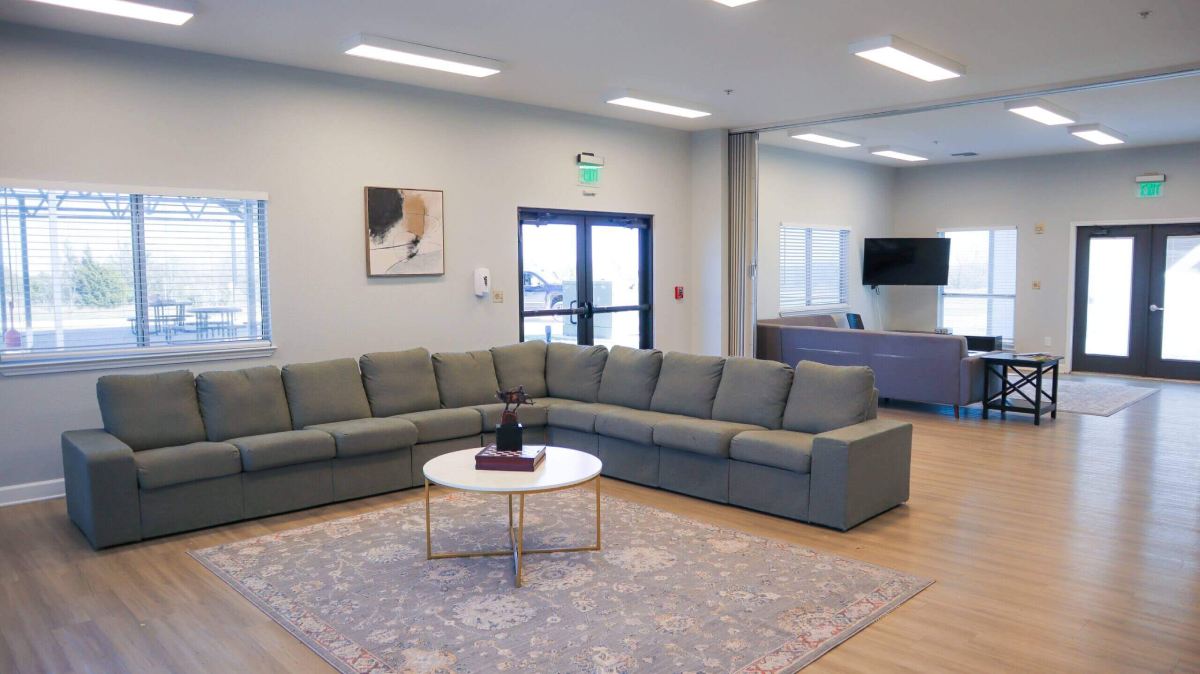 Modern lounge with sectional seating and television area