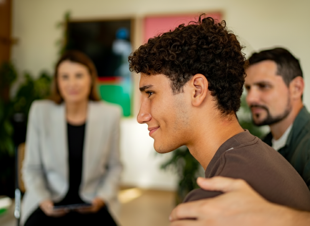Teen boy supported by parent during family therapy.