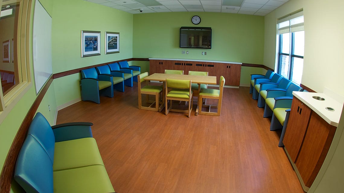 Group therapy room with seating and table