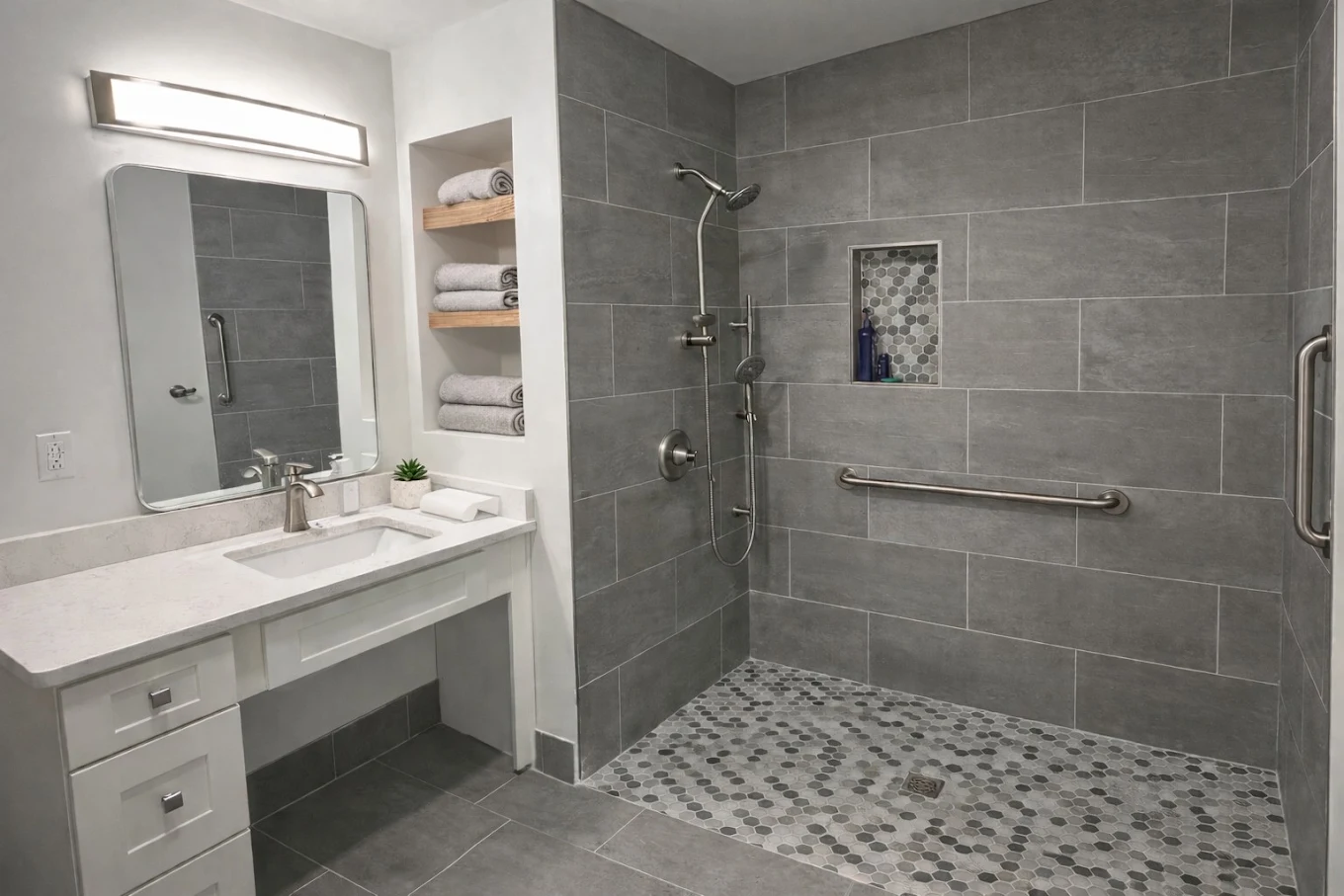 Modern bathroom with vanity and spacious tiled walk-in shower