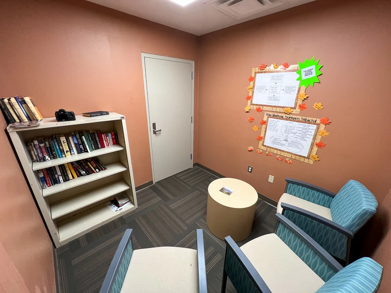 Small reading area with bookshelf and chairs