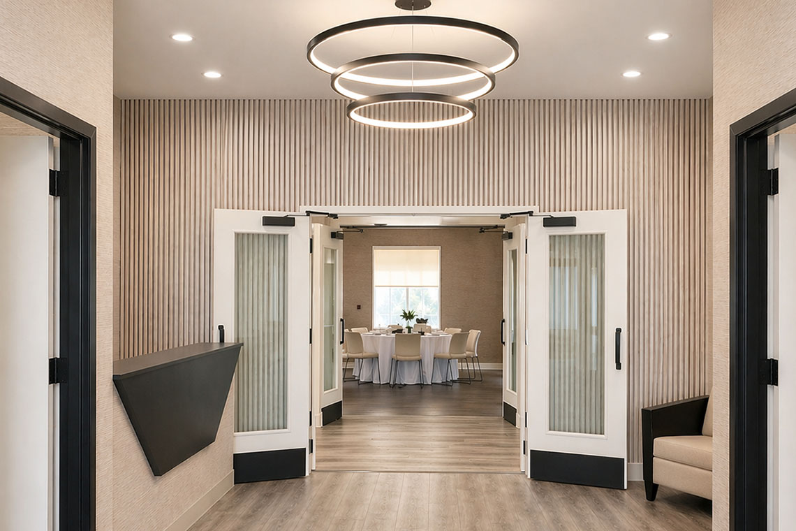 Modern rehab lobby leading to meeting and dining area