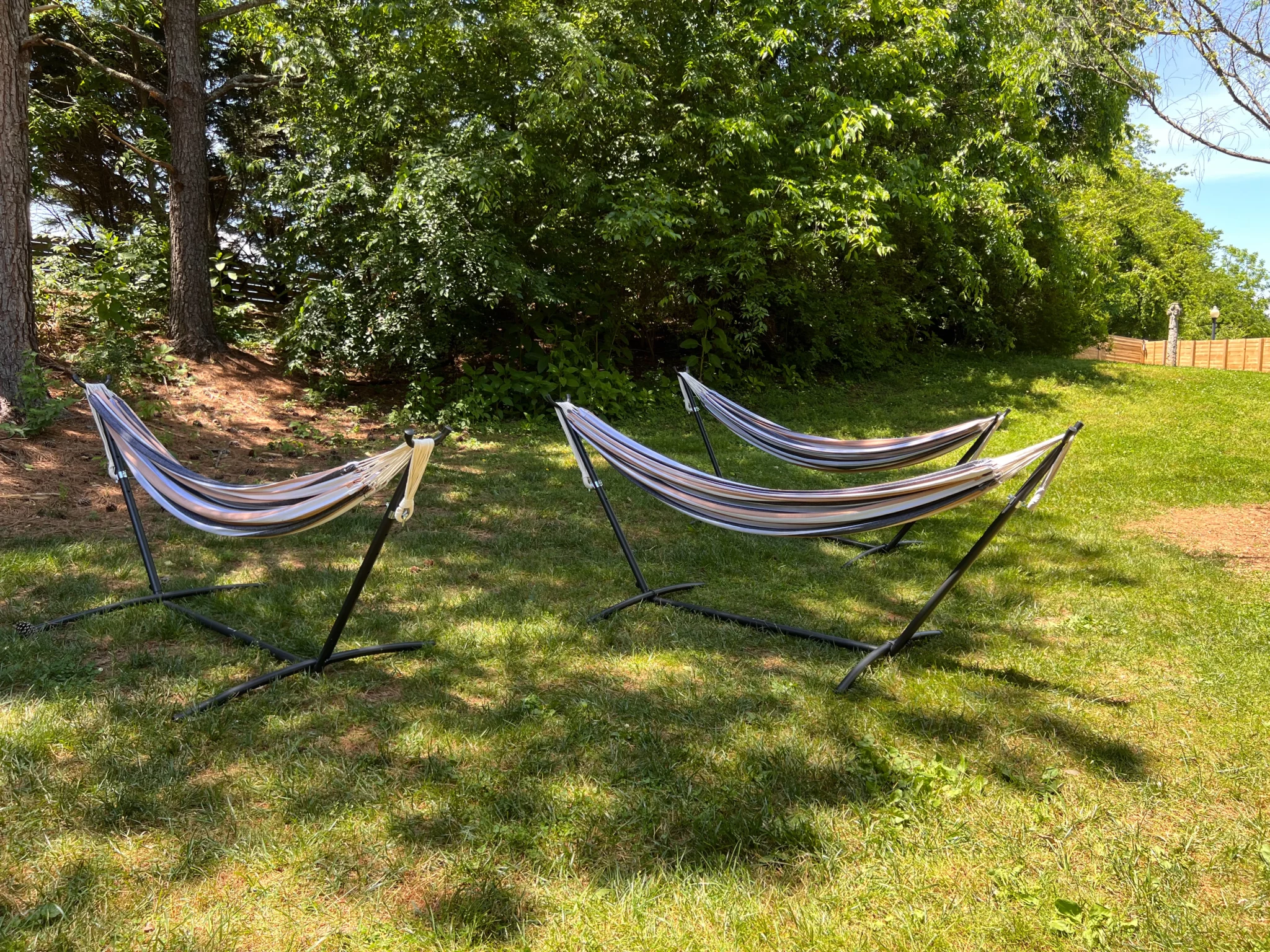 Hammocks set up in grassy outdoor relaxation area