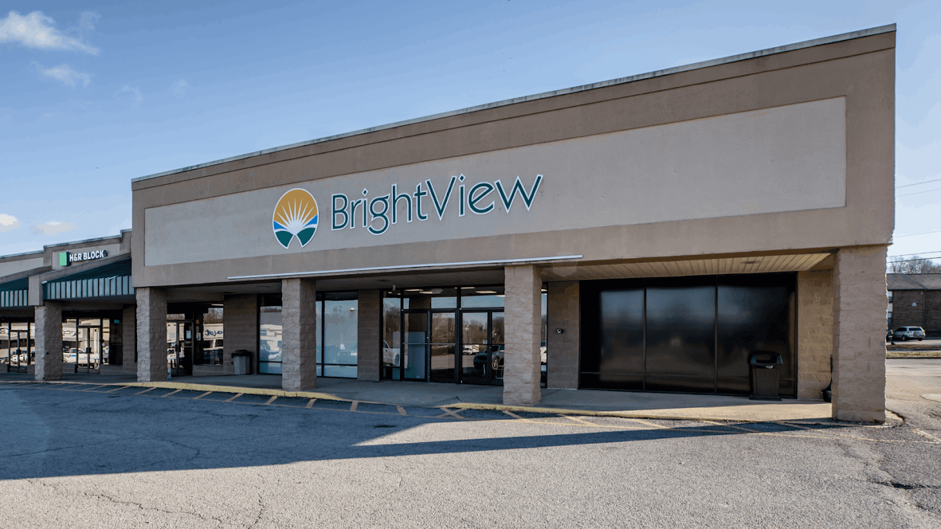 BrightView Health Paris storefront in a shopping center with covered entrance and parking lot
