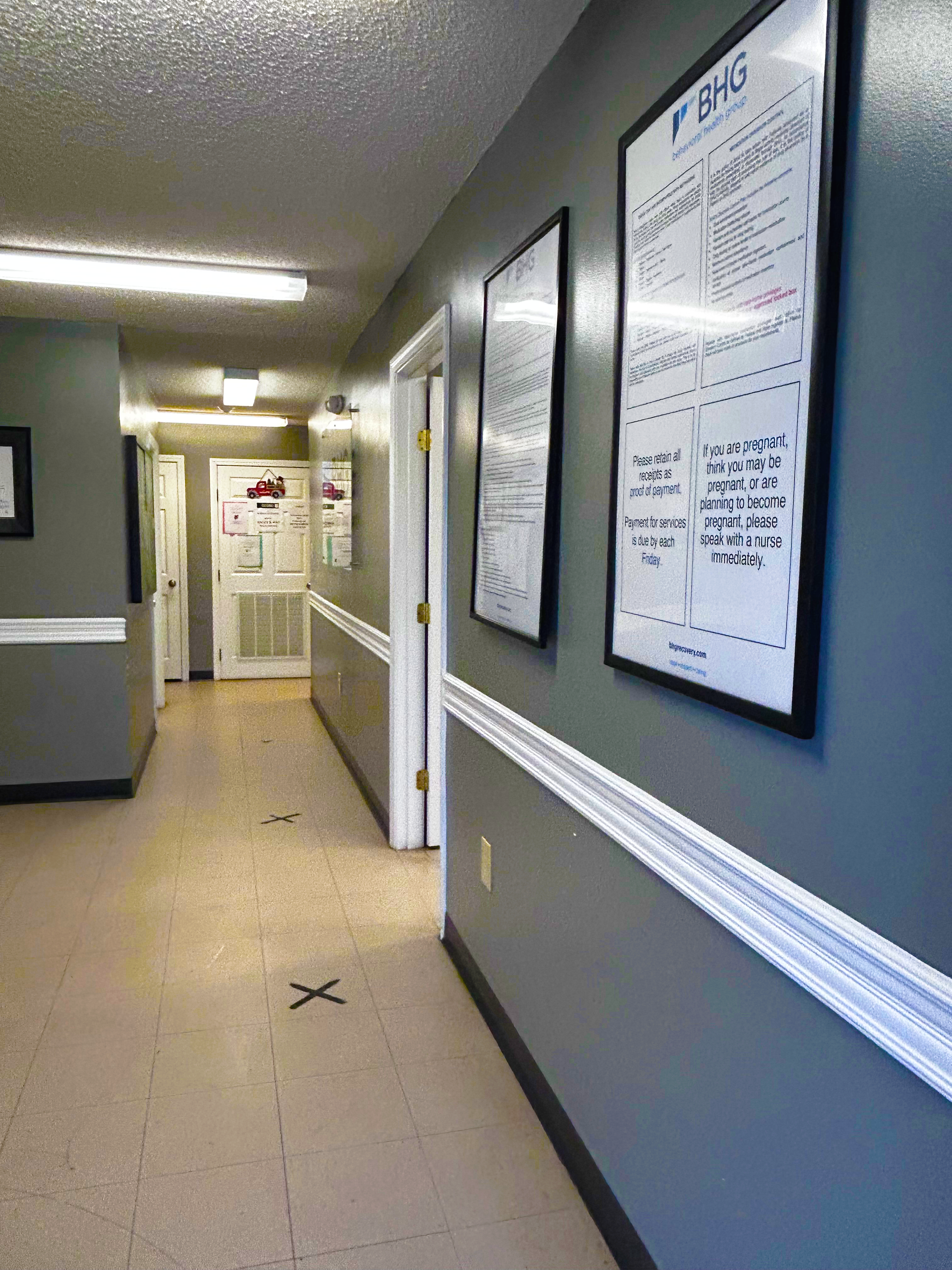 Interior hallway with patient information displays
