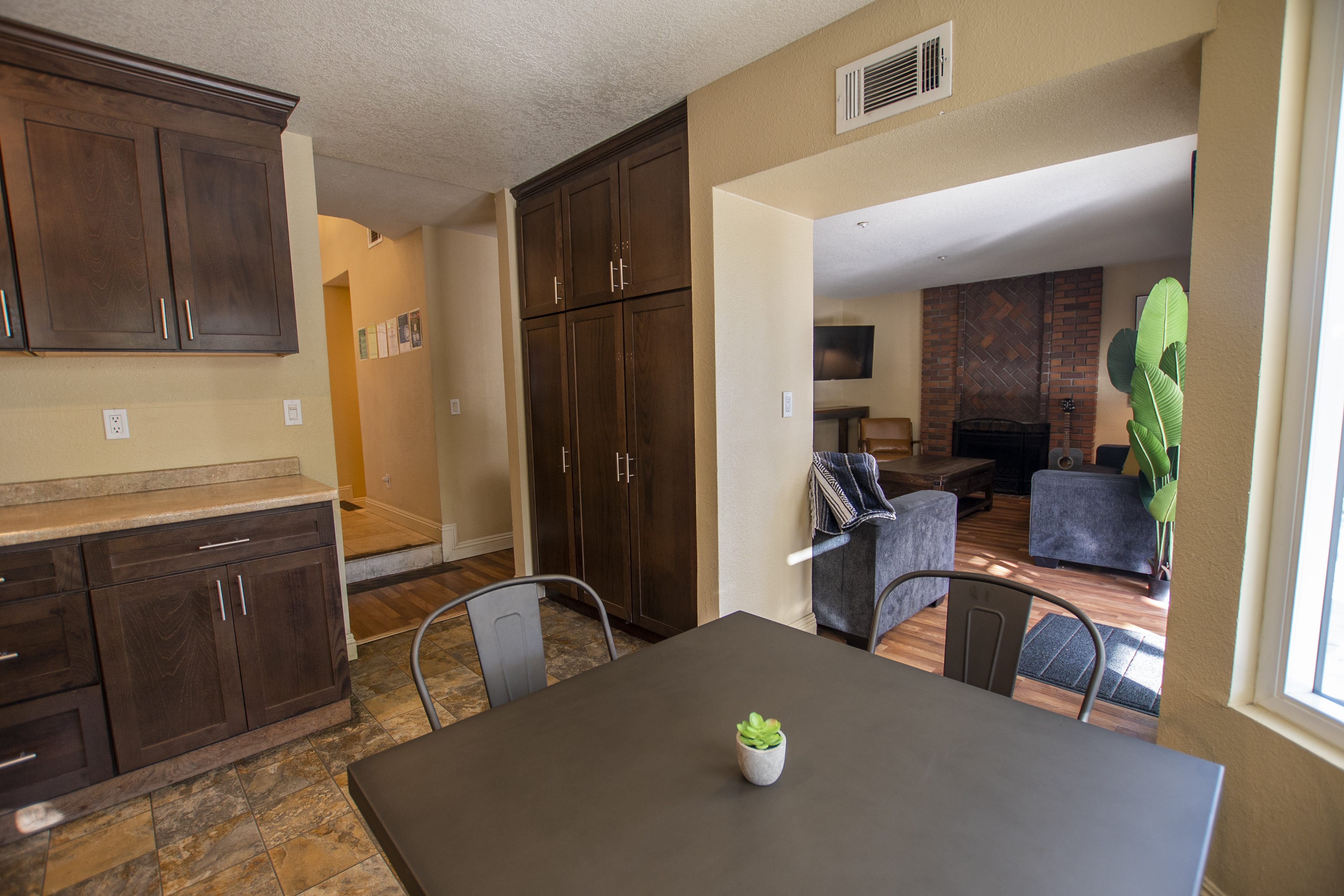 View from dining area into living room with couches