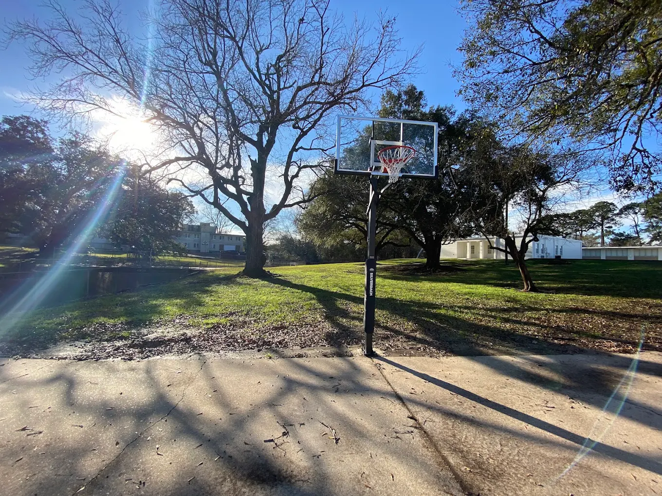 Outdoor basketball hoop and court surrounded by grass and mature trees at the recovery facility