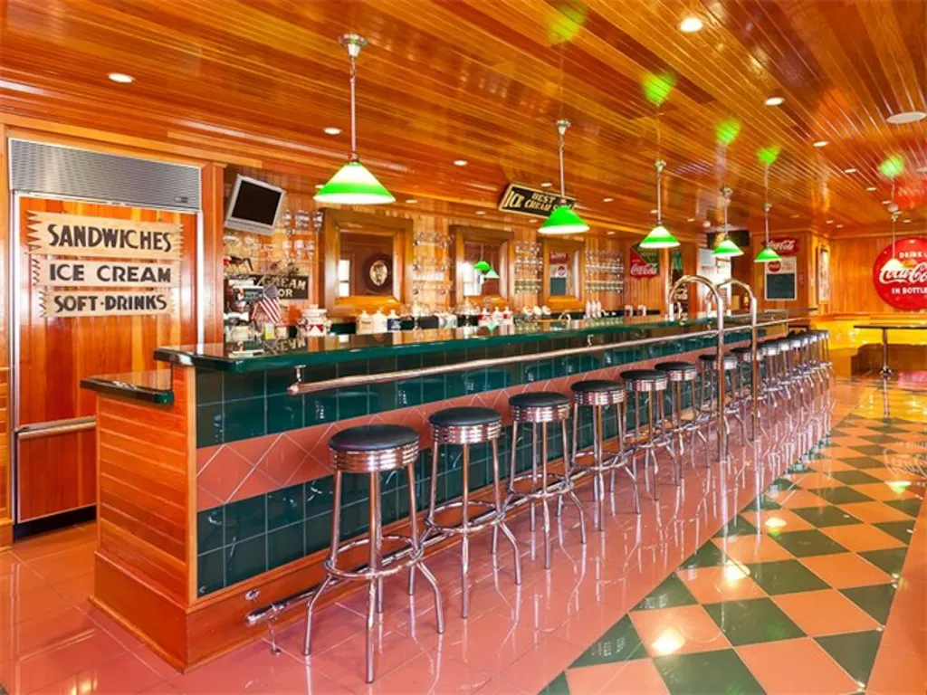 Retro snack bar with stools and beverage counter