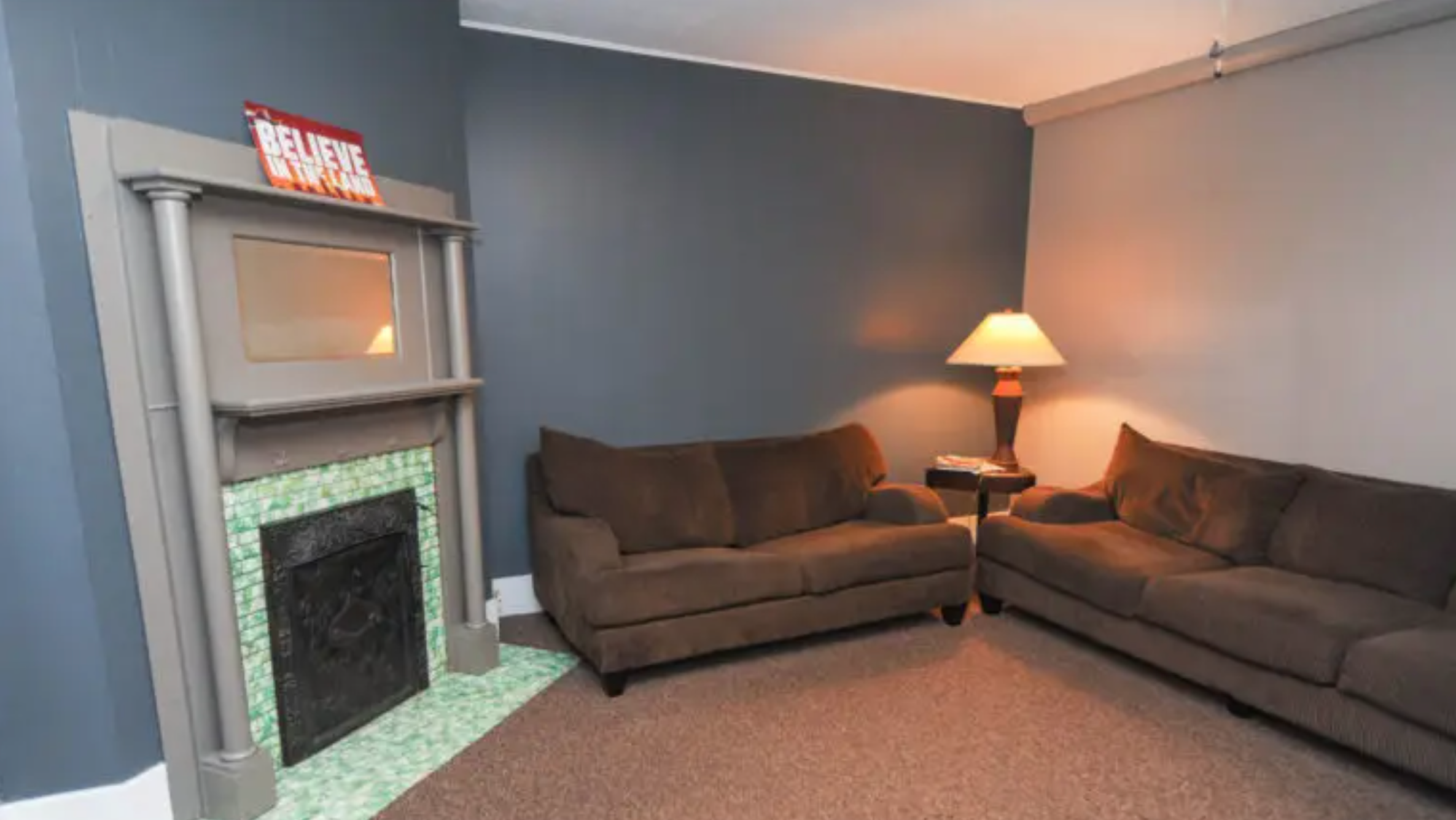 Comfortable lounge with fireplace and seating area