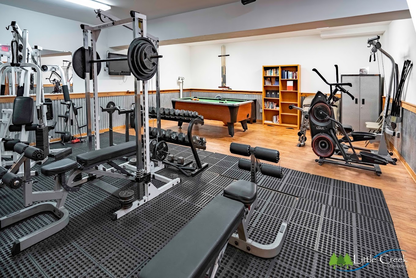 A fully stocked gym with strength training and cardio equipment