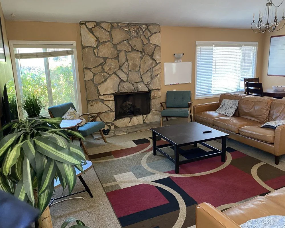 Lounge with stone fireplace and modern seating