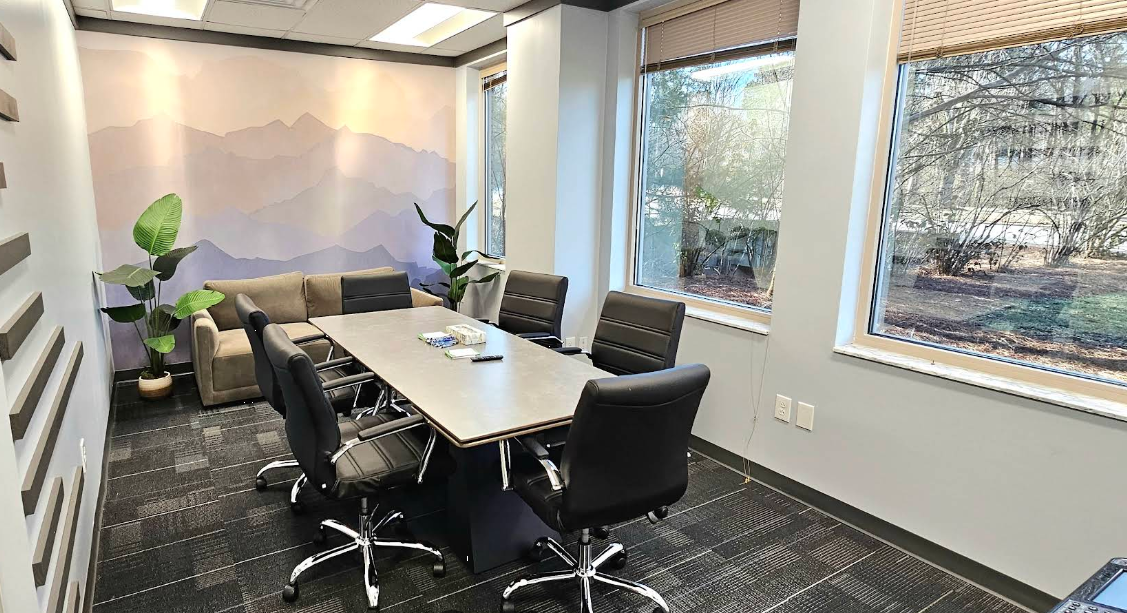 Modern meeting room with table, chairs, and scenic view