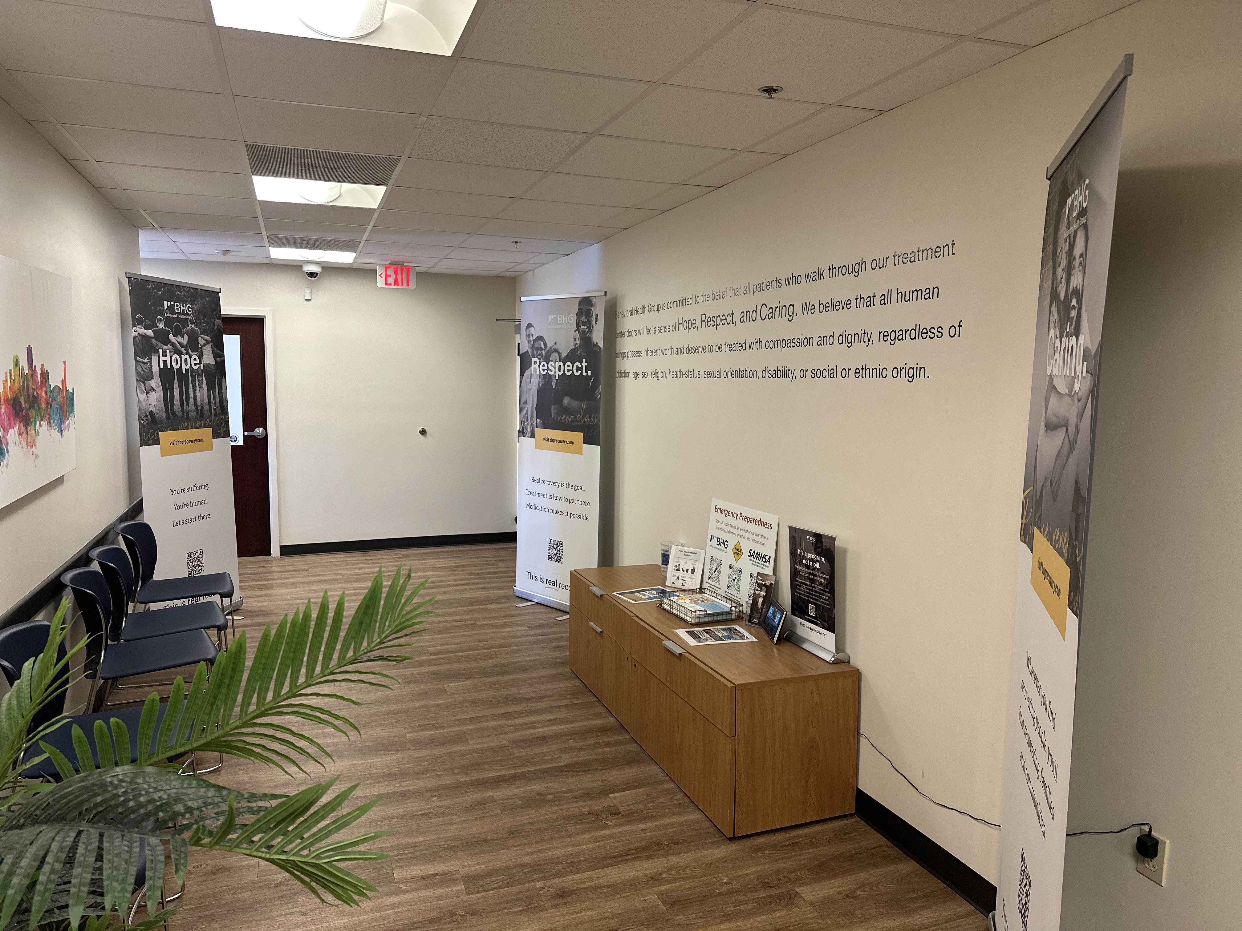 Hallway with educational displays and patient resources