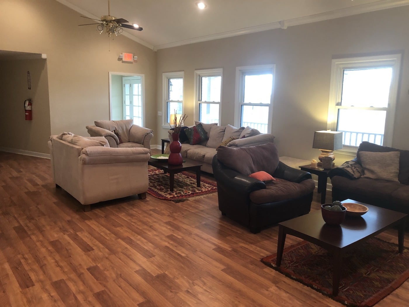 Cozy living room with sofas and coffee tables