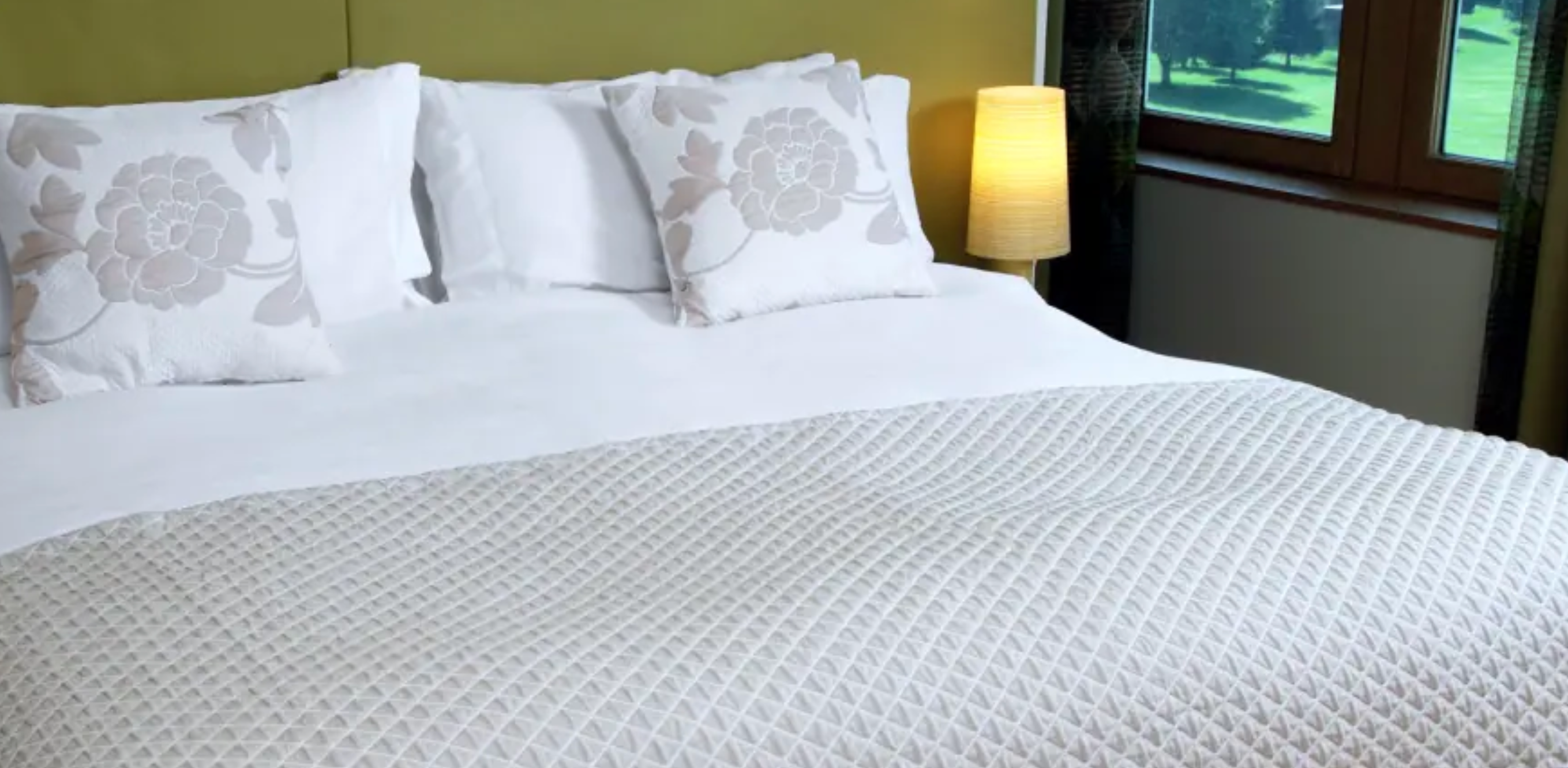 Cozy bedroom with neatly made bed and bedside lamp.