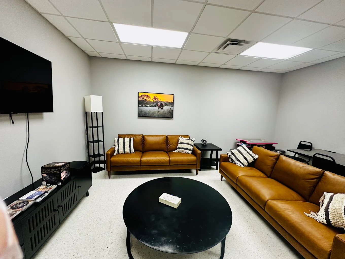 Comfortable seating with leather couches and a wall-mounted TV in a cozy common room