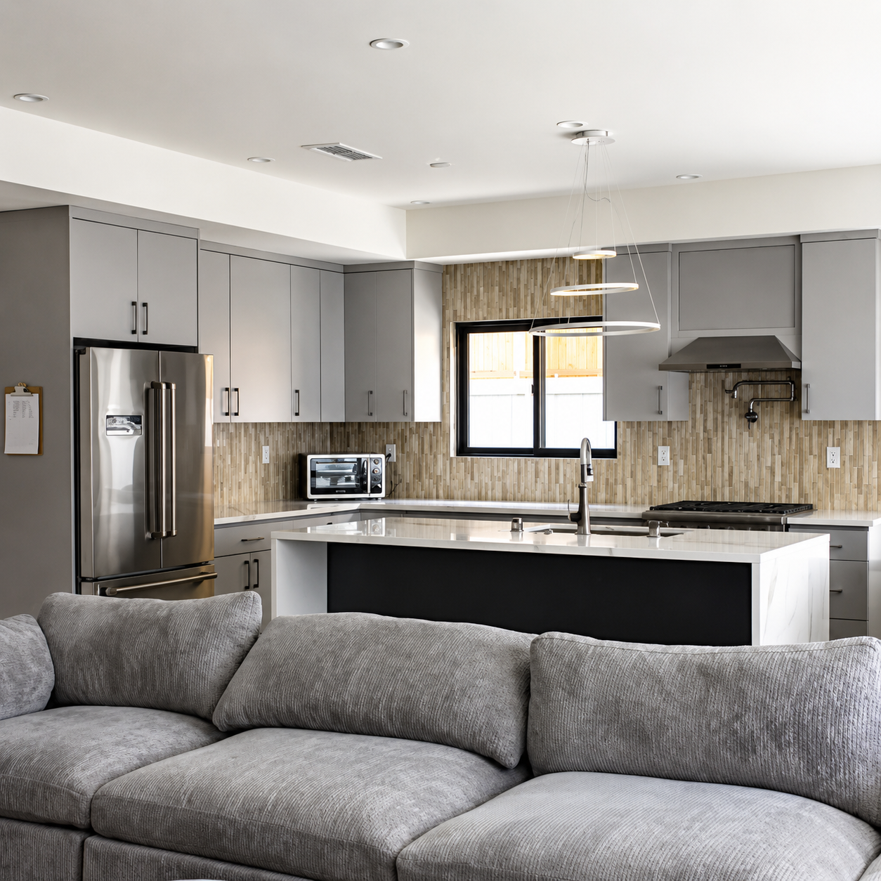 Modern shared kitchen and living room with island seating