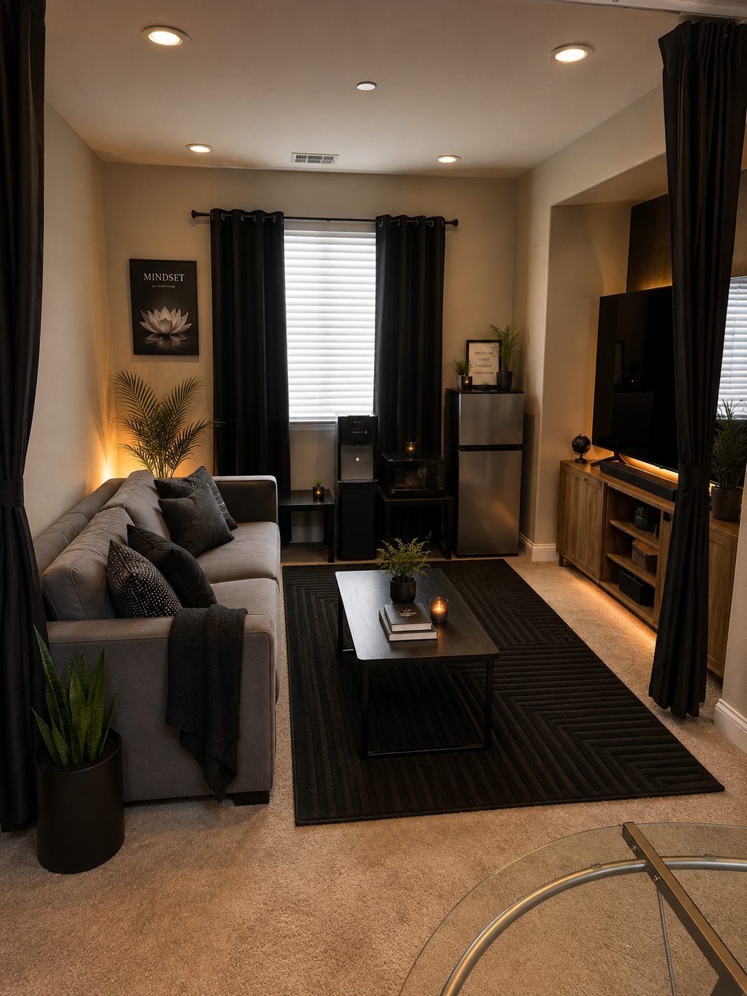 Comfortable meeting room with sofa, TV, and coffee table