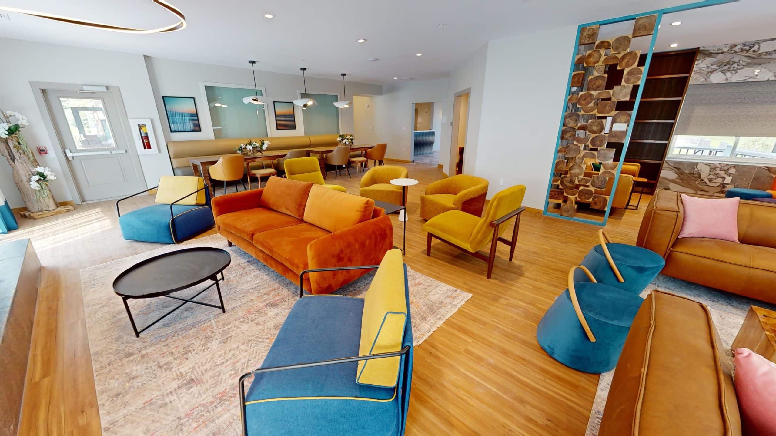 Bright common area with modern decor and cozy seating
