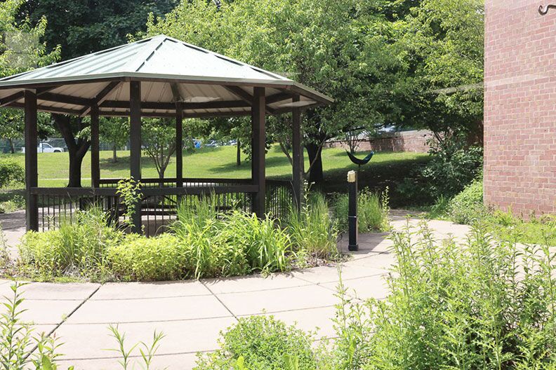 Outdoor gazebo surrounded by greenery and walking paths