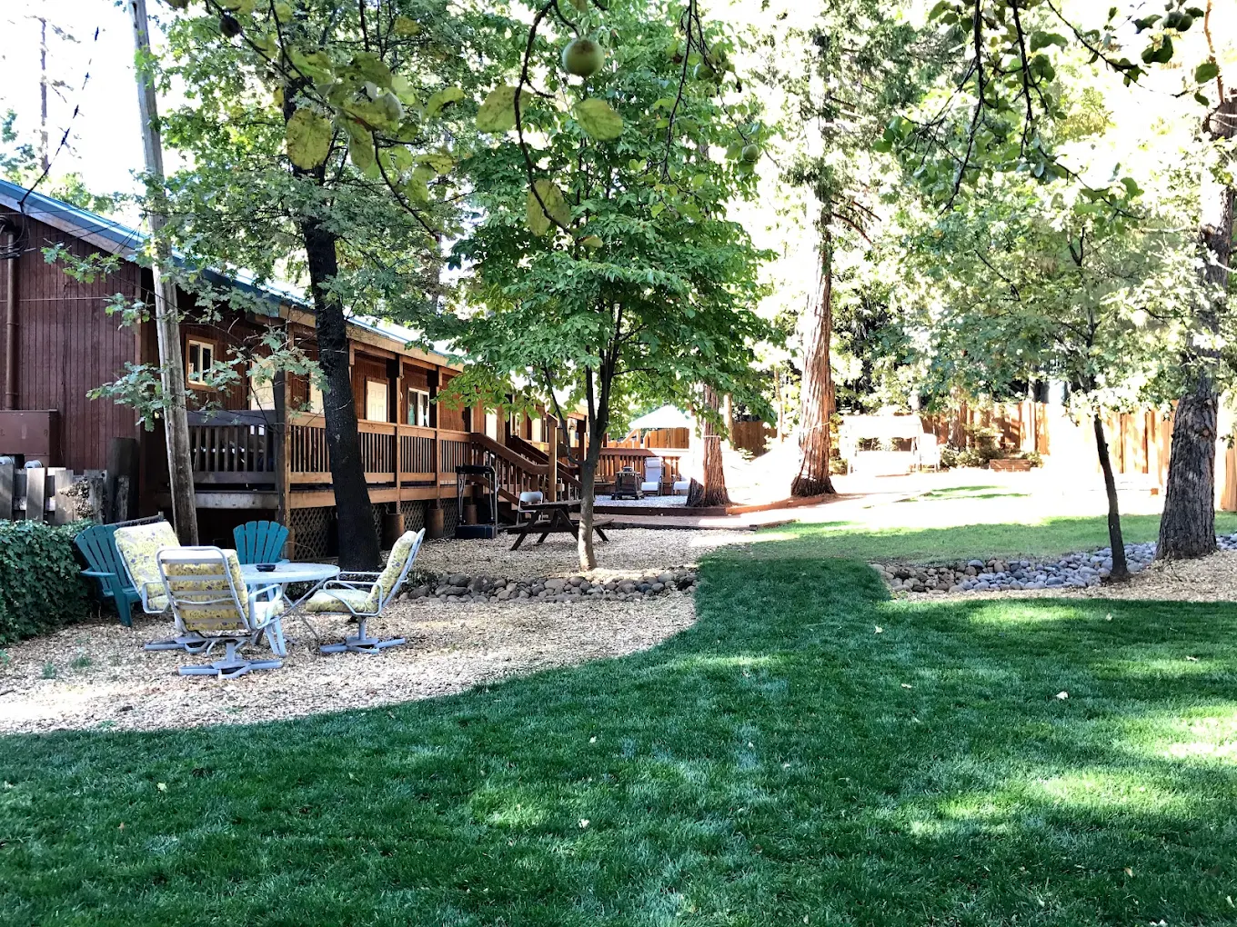 Outdoor courtyard with seating and trees at rehab facility