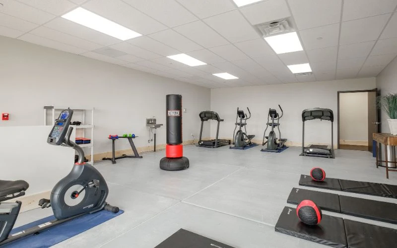 Gym with treadmills, punching bag, and bike