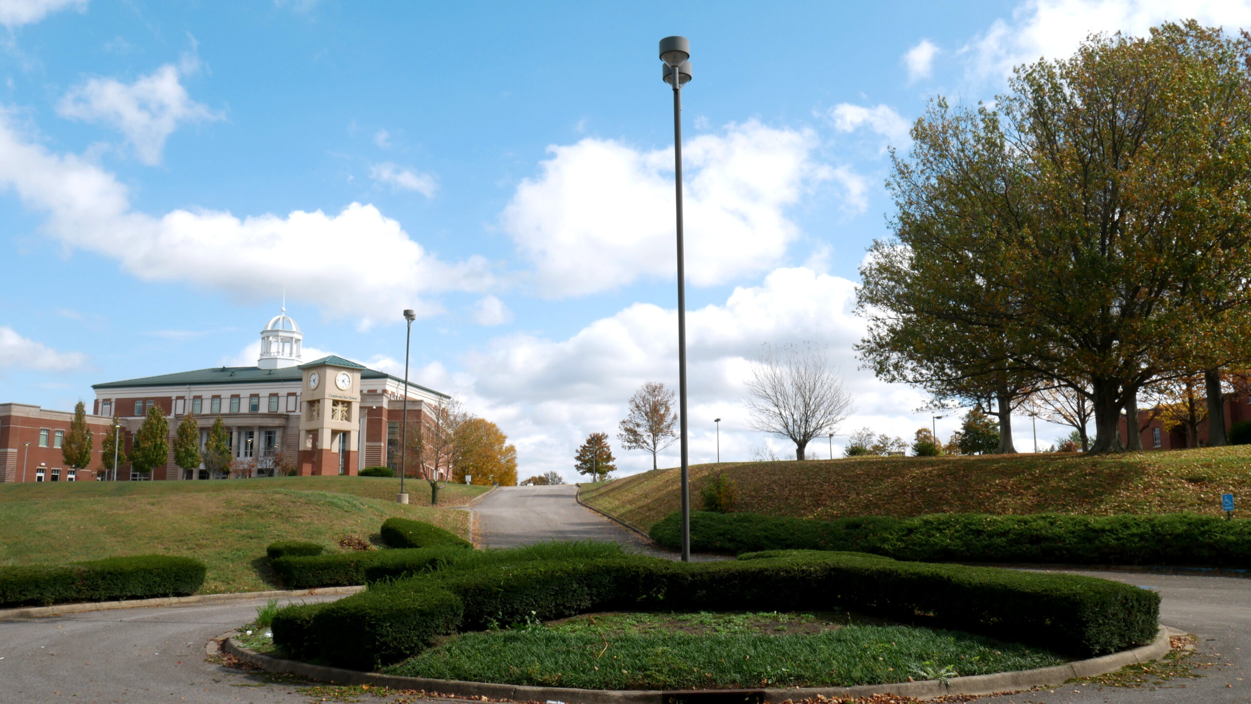 Steps leading up to brick facility with domed roof and tree