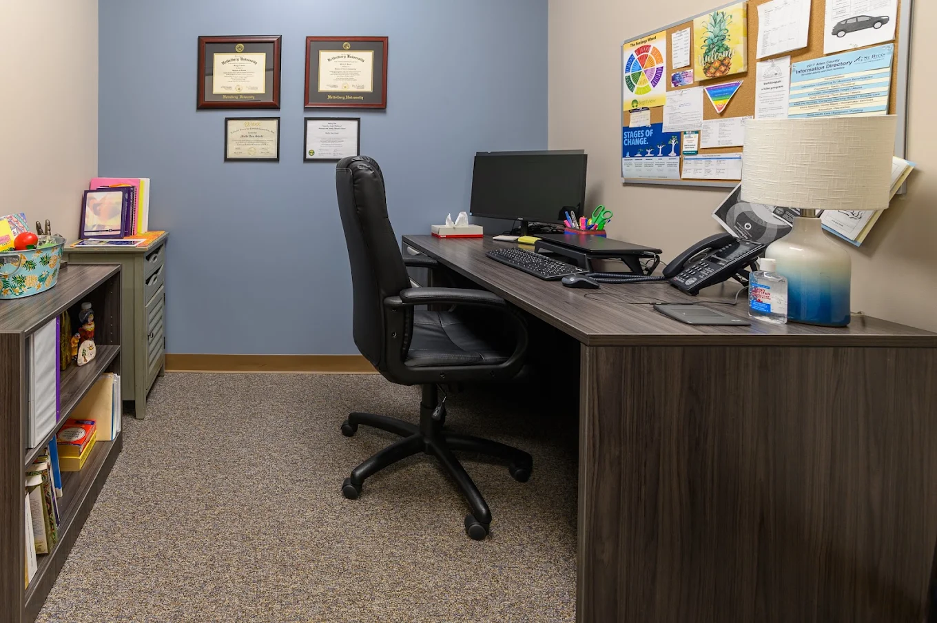 Private consultation office at BrightView Health with desk, computer, office chair, framed credentials, bulletin board, shelving, and blue accent wall