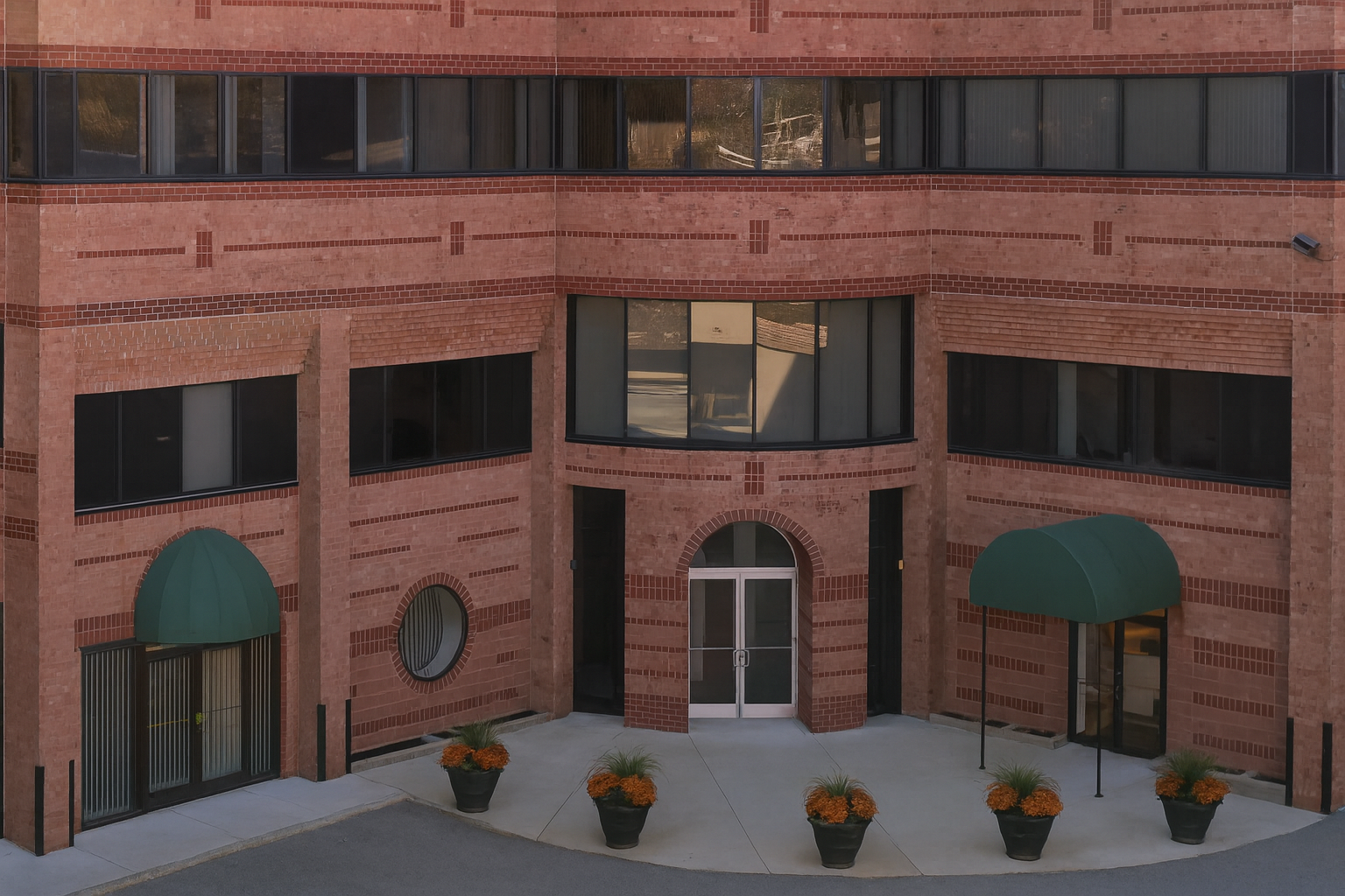 Brick building entrance with green awnings and potted plants.