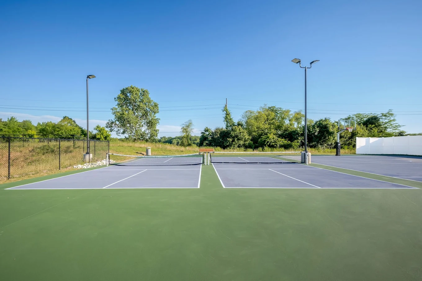 Outdoor recreational courts with nets, basketball hoop, lighting, and surrounding greenery