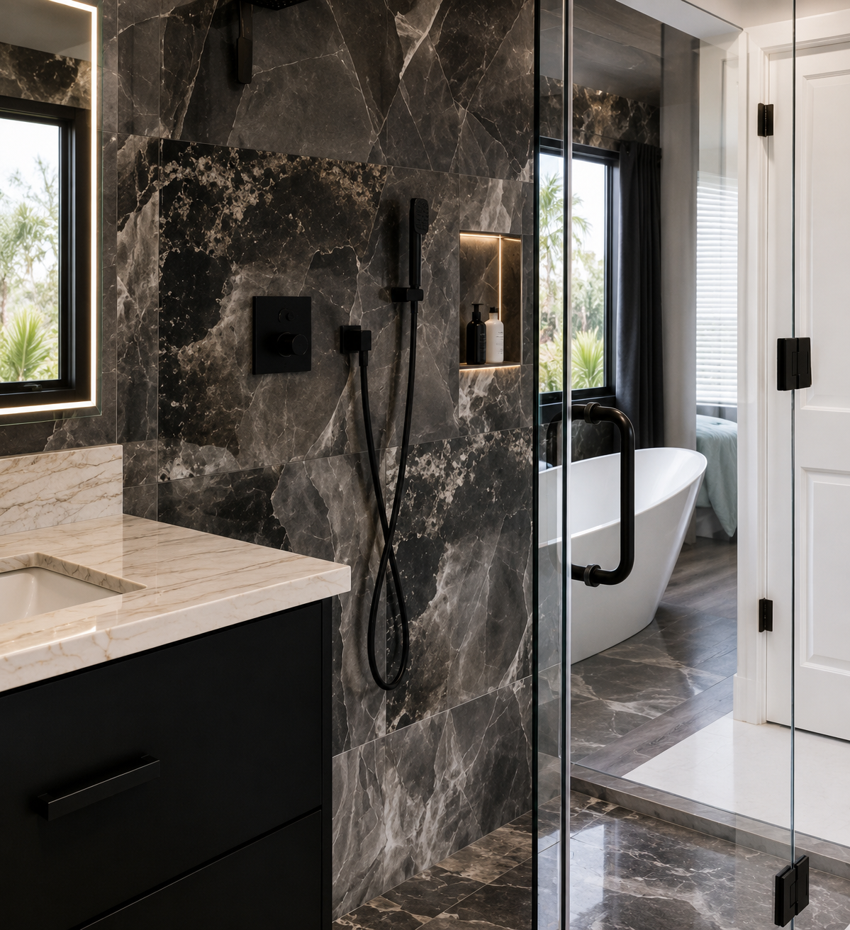 Modern bathroom with walk-in shower and soaking tub