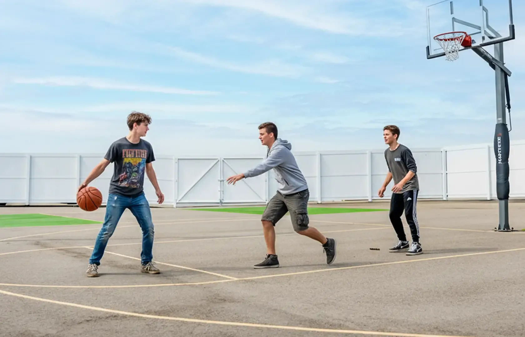 Adolescent boys playing basketball on an outdoor court at the center.