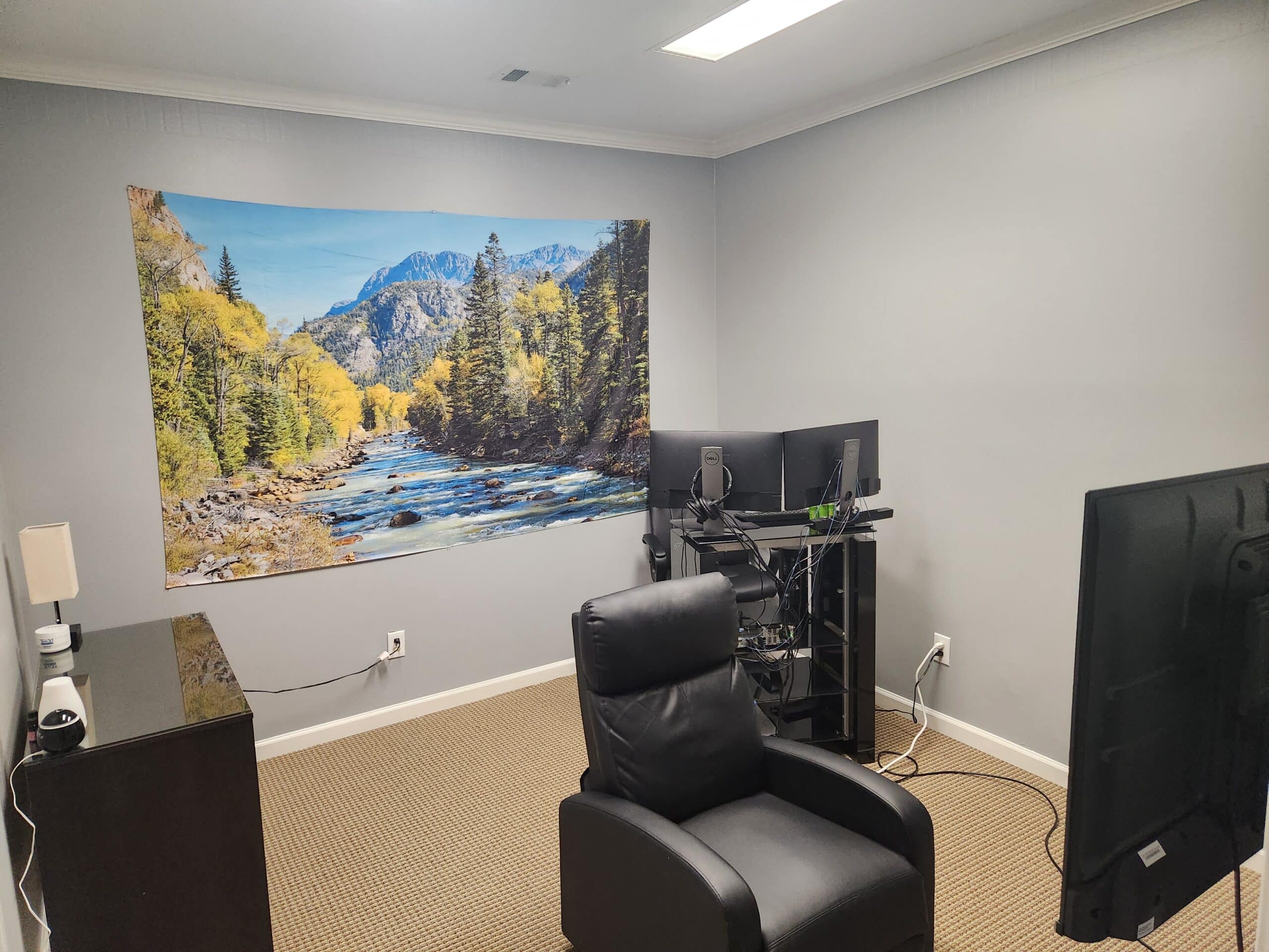 Testing room with recliner, computers, and a wall mountain mural