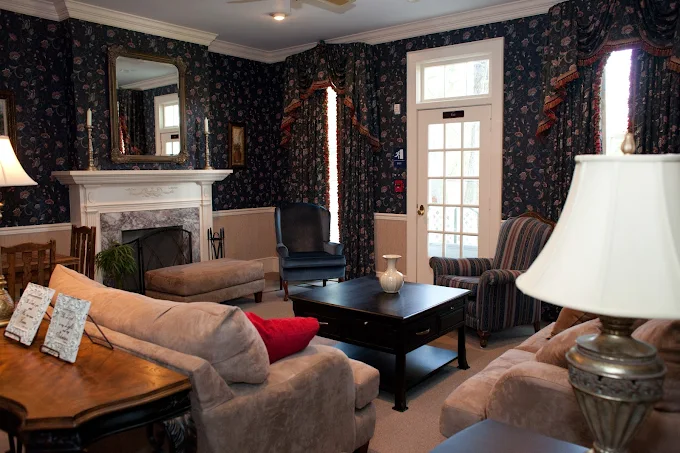 Cozy lounge with floral wallpaper and sofas