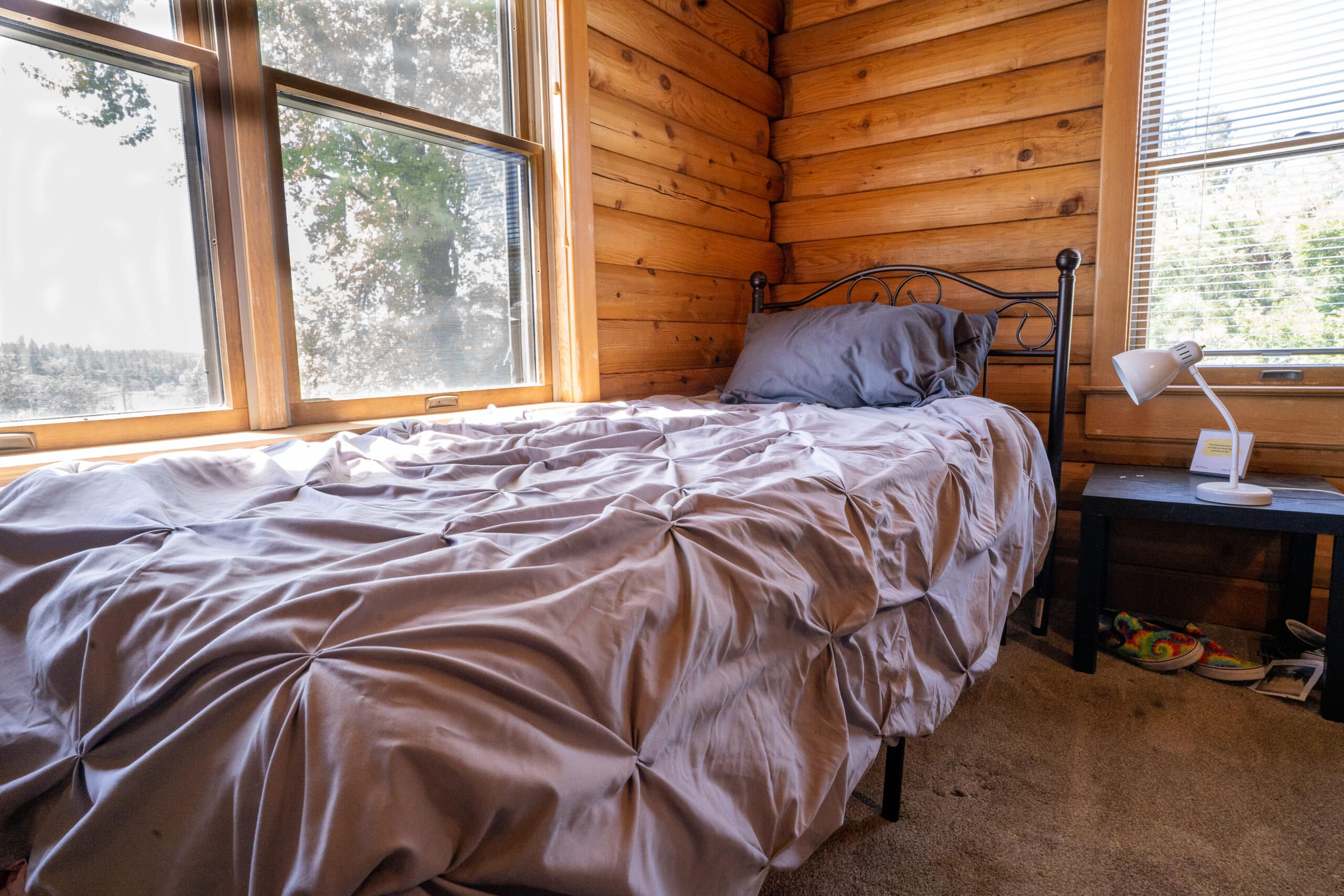 Cozy single bed in a log-cabin bedroom with natural light from corner windows and forest views