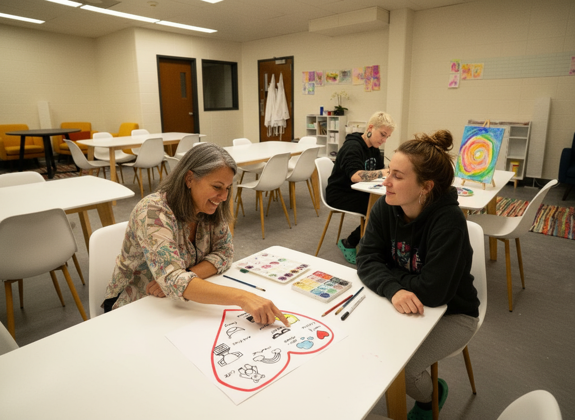 Therapist and patient creating artwork at a table.