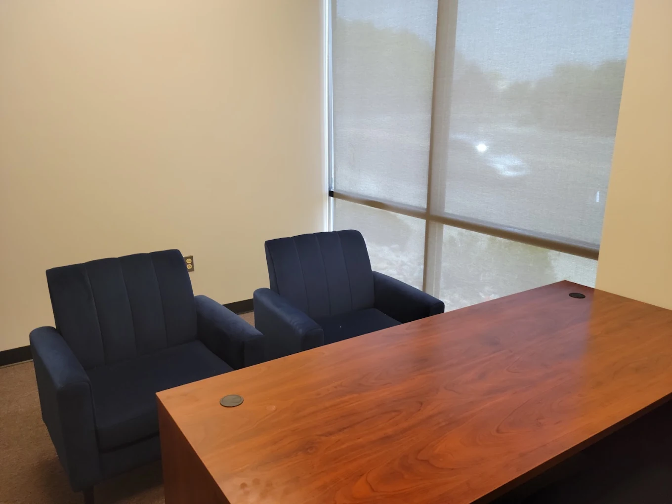 Private consultation room with two upholstered chairs, wooden desk, and large shaded window