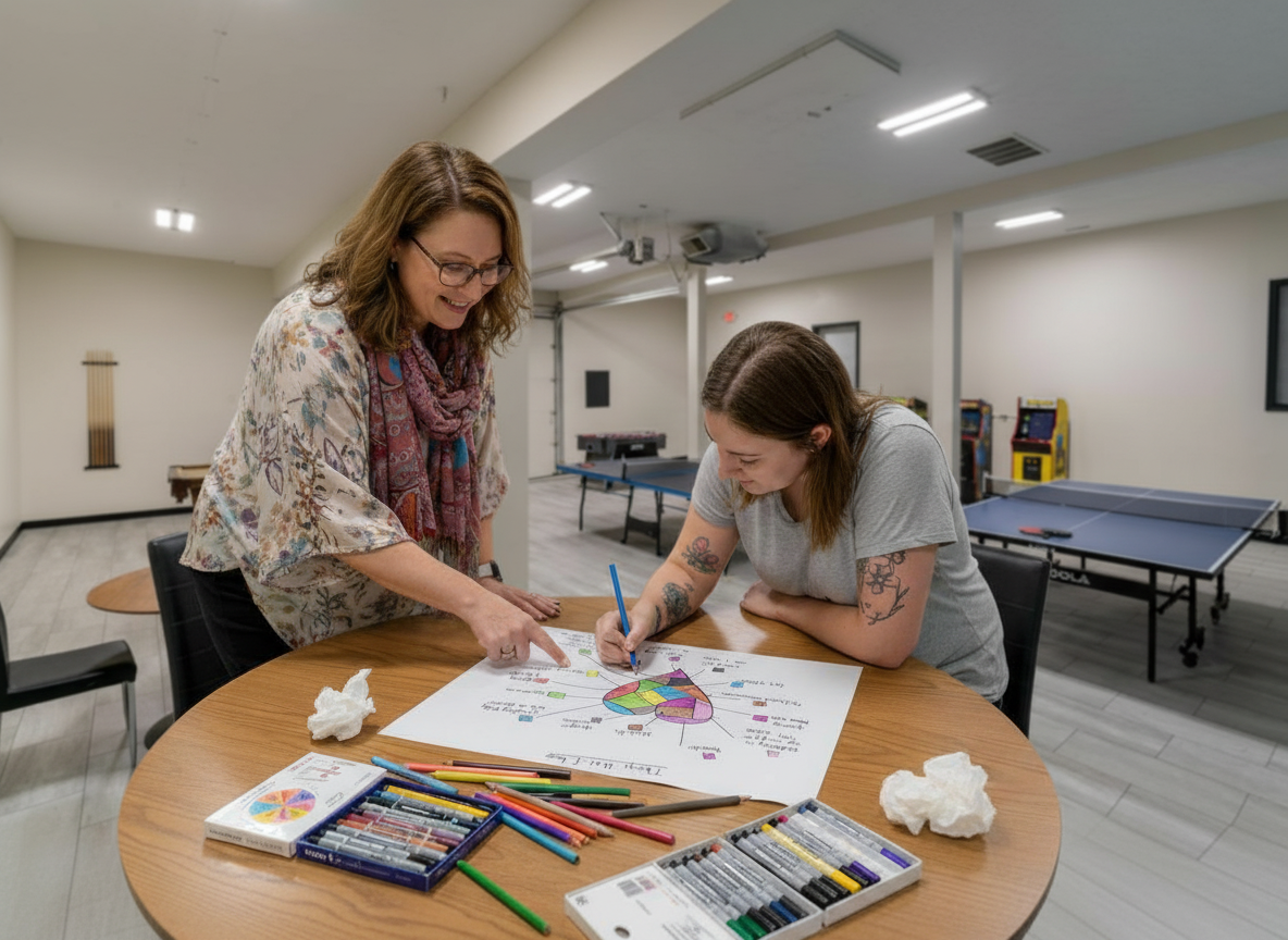 Counselor and client working on a colorful art therapy project.