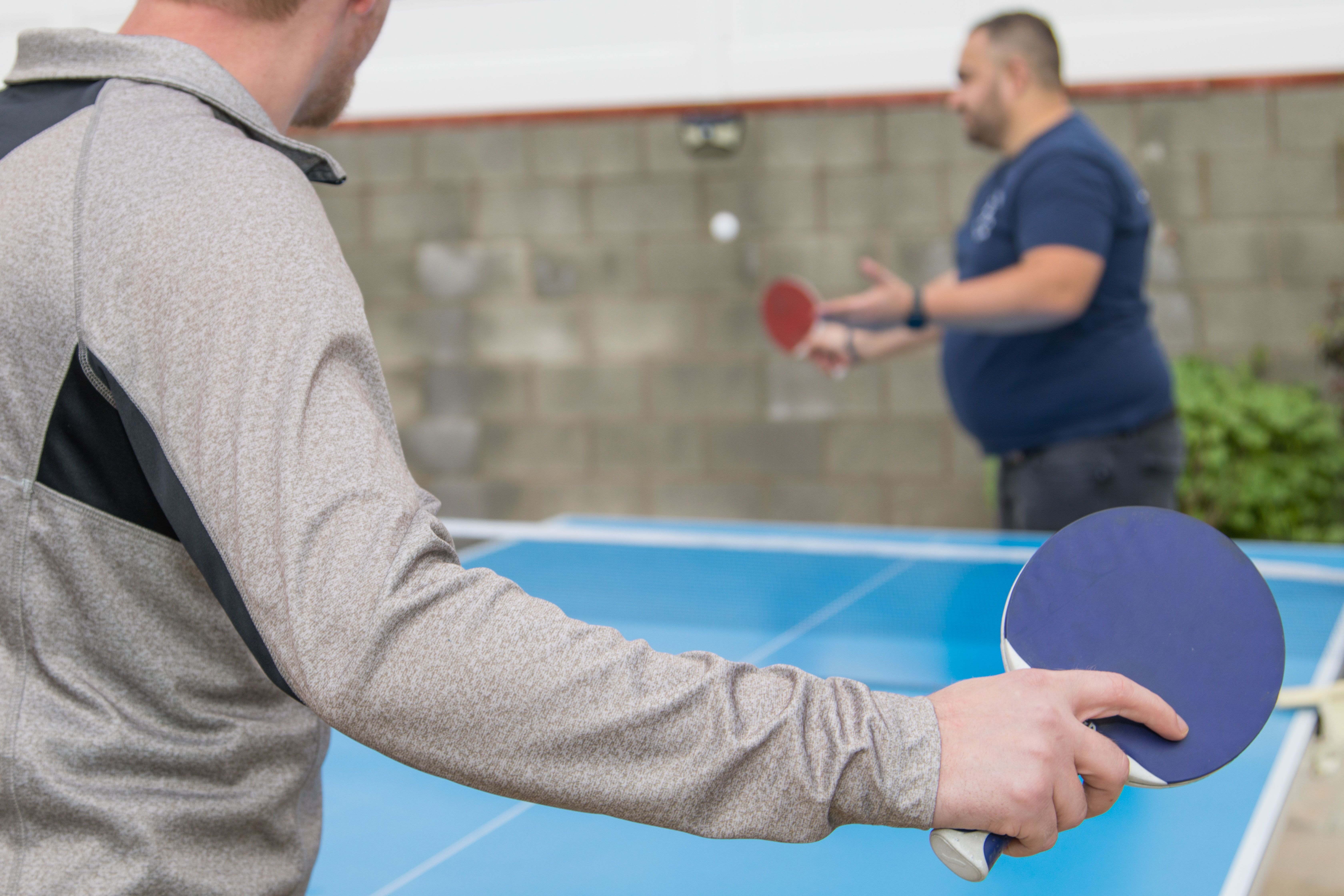 Outdoor area ping pong table.