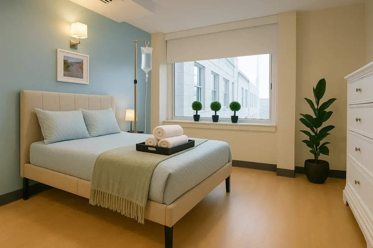 Calm private detox room with bed and IV stand.