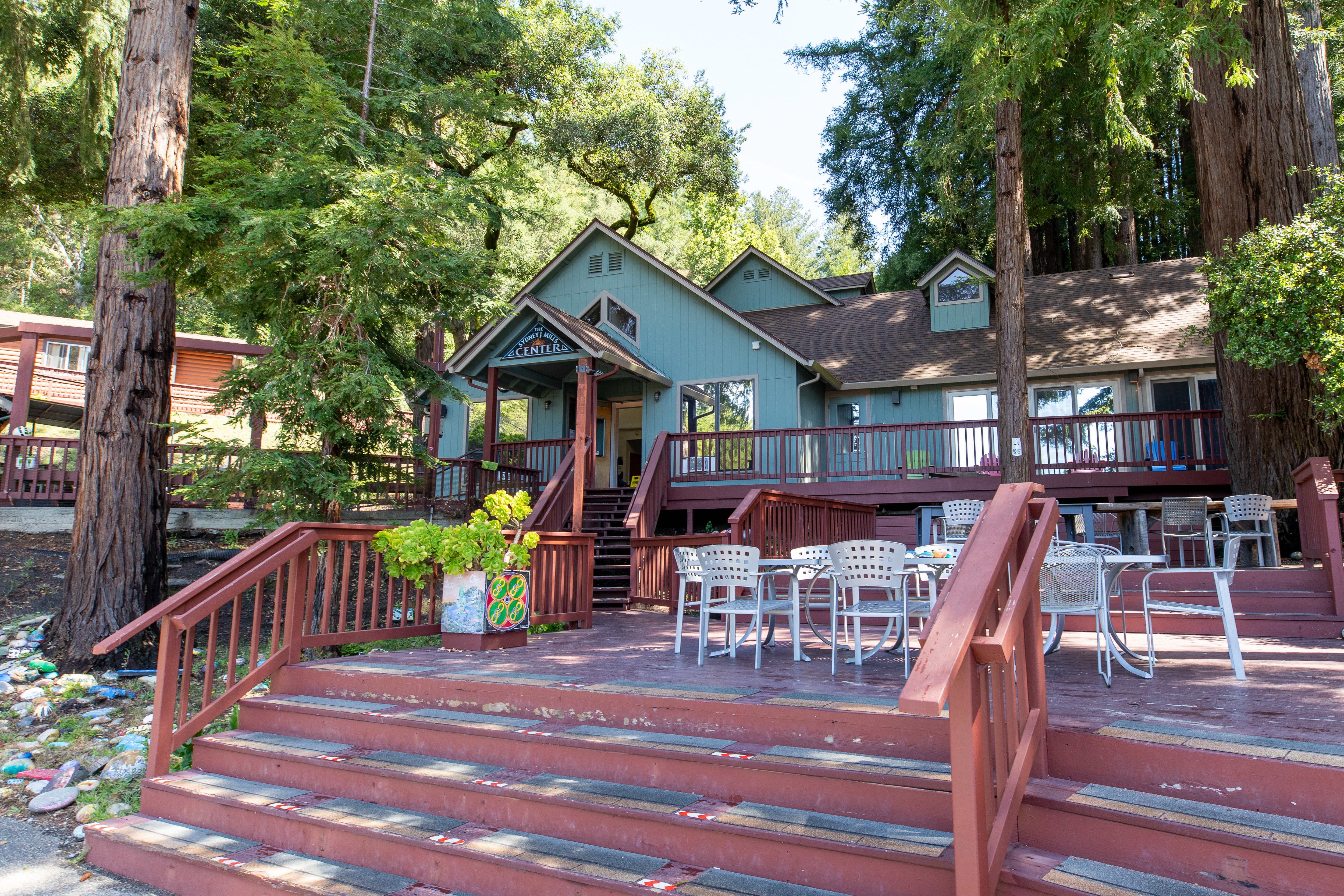 Main building with outdoor deck surrounded by redwood trees
