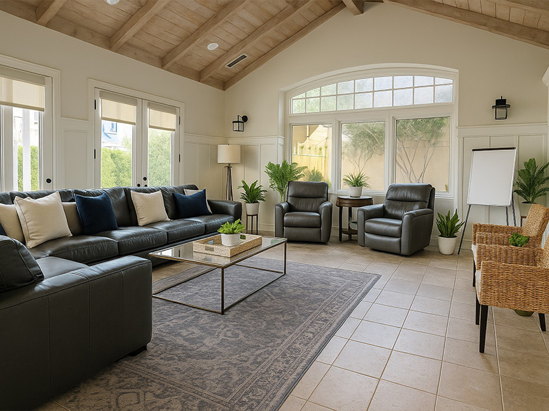 Spacious living room with leather seating and large bright windows.