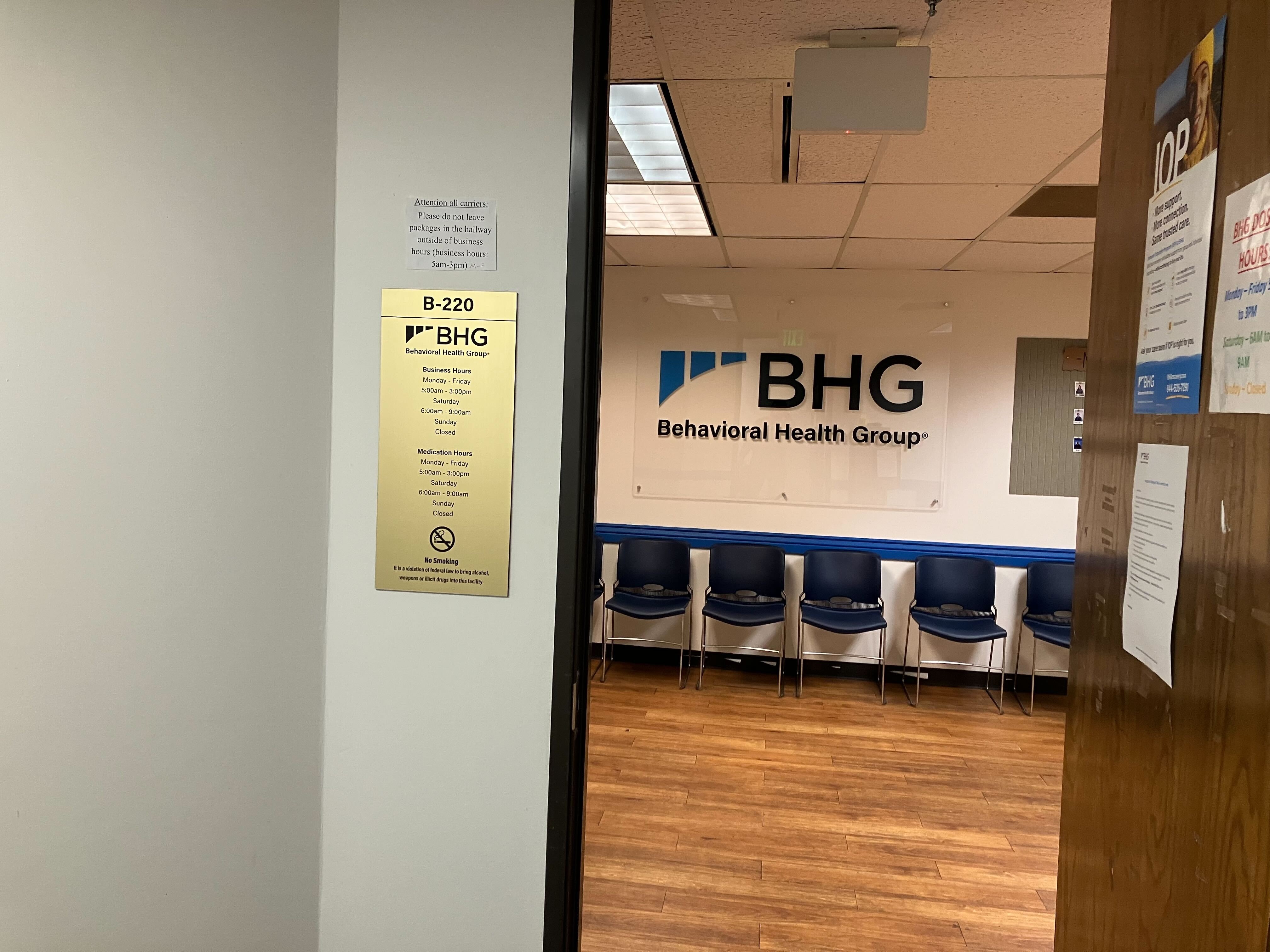 Entrance to BHG Denver Treatment Center with waiting area and signage