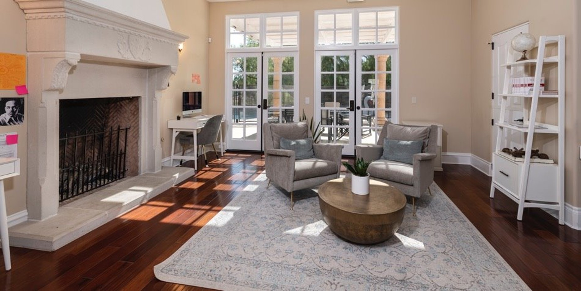 Sitting area with fireplace and doors to outdoor patio