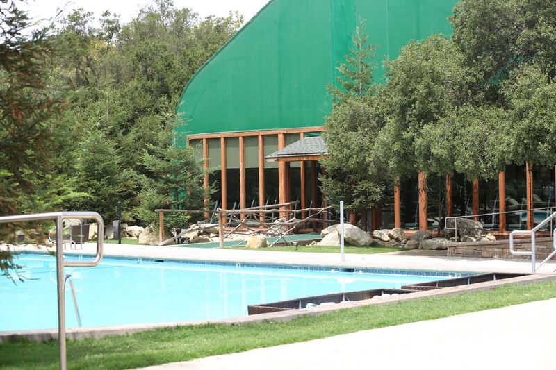 Large outdoor swimming pool surrounded by trees and greenery