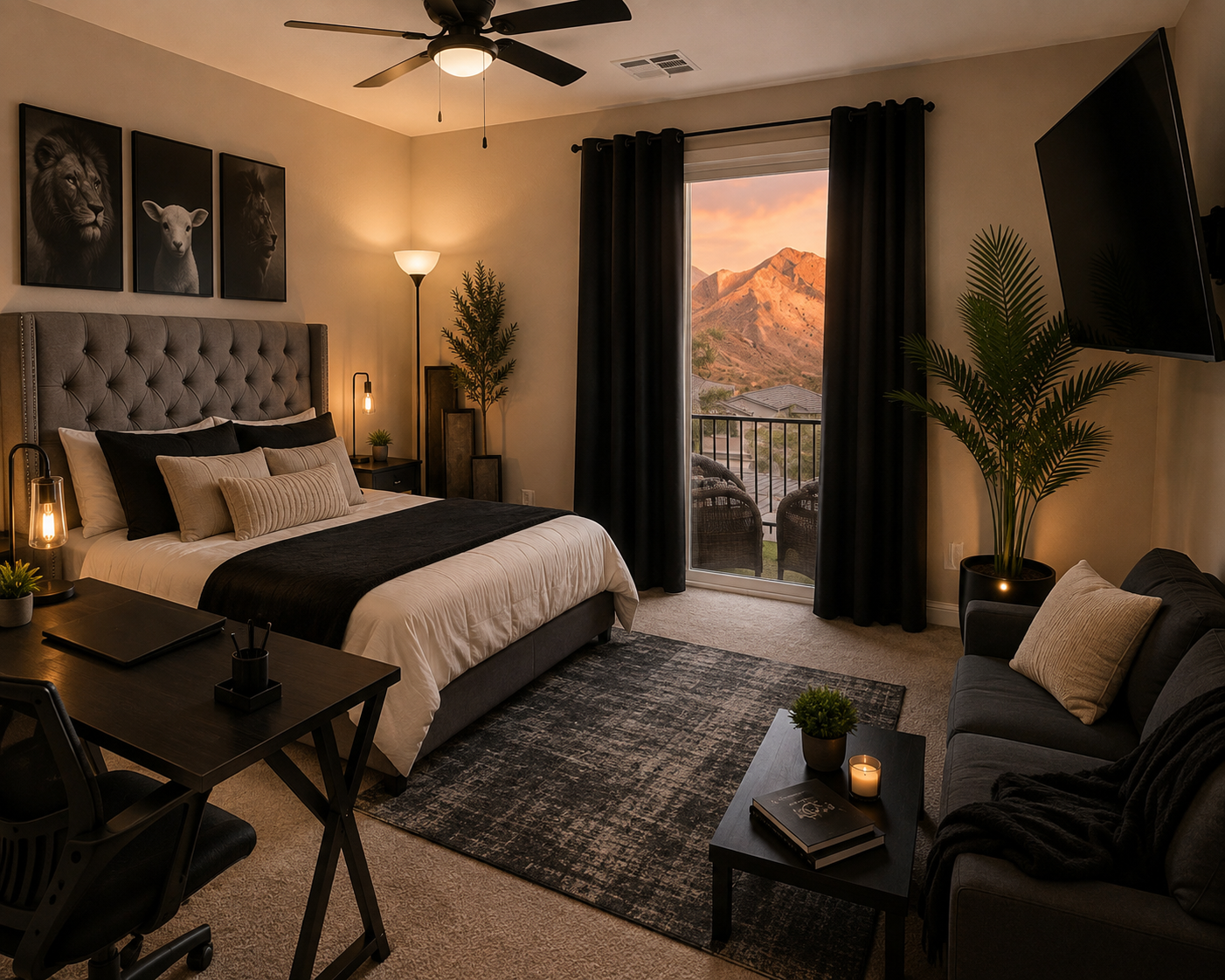 Bedroom with desk, sofa, TV, and mountain view