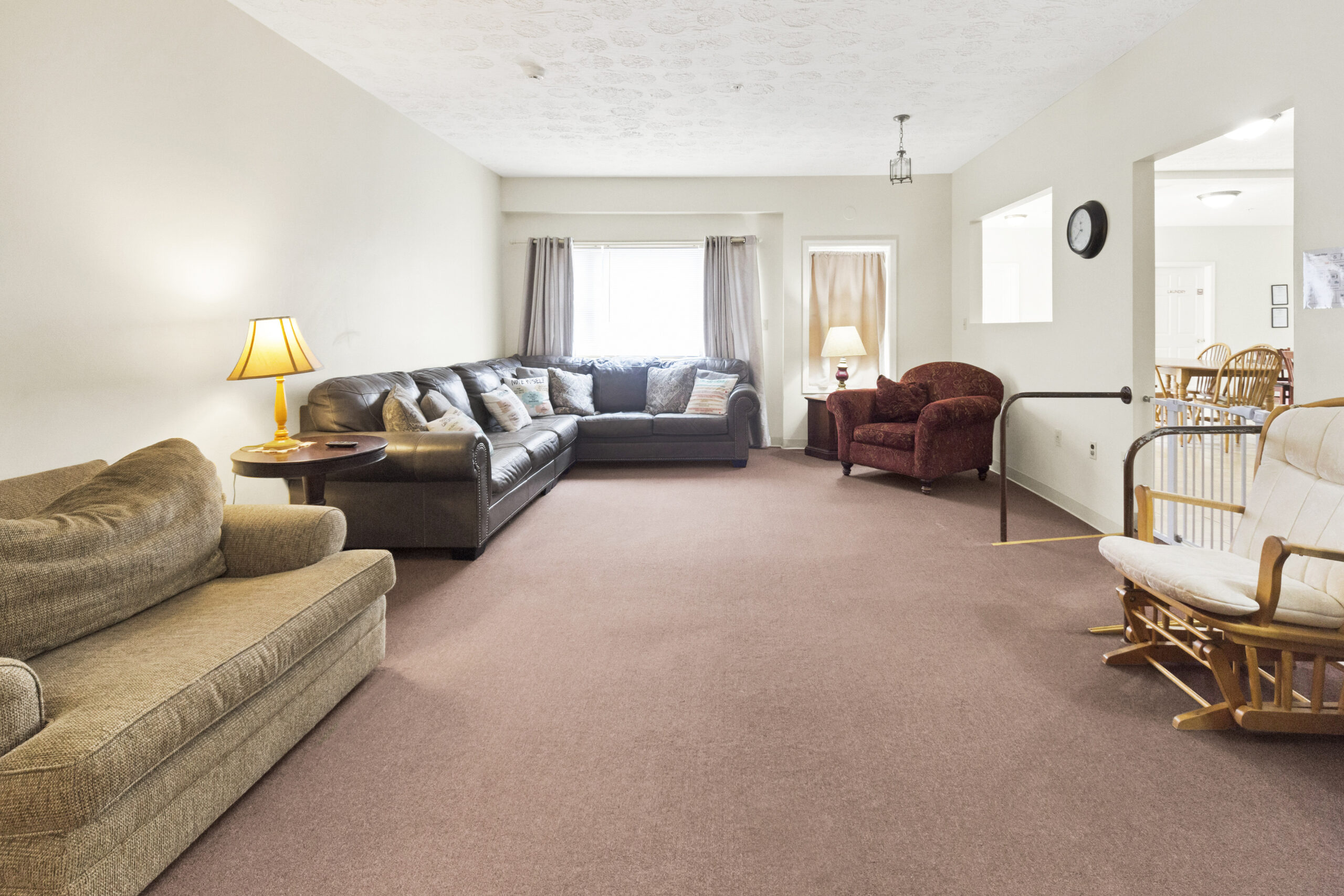 Shared living room with couches, lamps, and open space
